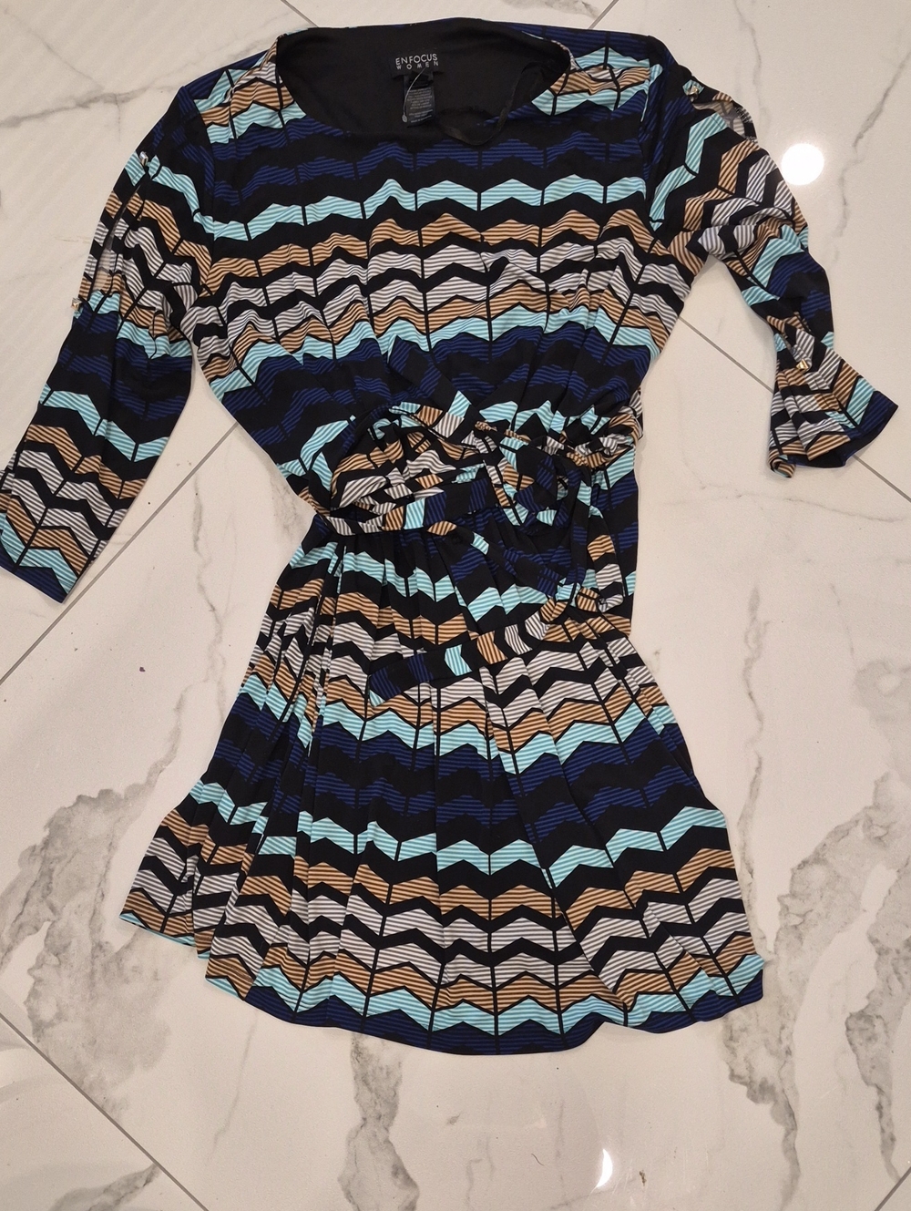 Enfocus Studio Chevron Stripe Casual Dress in Navy, Light Blue & Tan